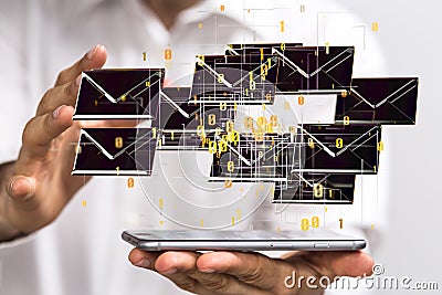 3D rendering of bla email icons floating on a smartphone - communication concept Stock Photo