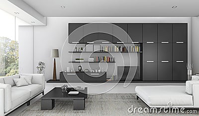 3d rendering black built in shelf and sofa bed in living room Stock Photo