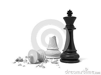 3d rendering of a black chess king standing near a white king figure broken in half. Stock Photo