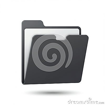 A 3D rendering of a black file folder with a tabbed cover, appearing to hover over a white Stock Photo