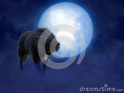 3D rendering of black wolf with red eyes in moonlight Stock Photo