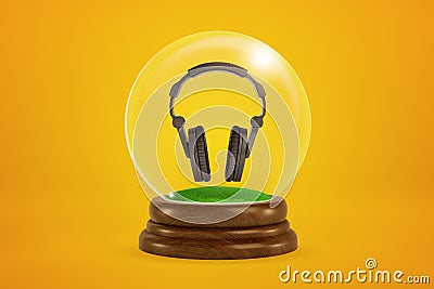 3d rendering of black headphones inside glass ball globe on amber background. Stock Photo