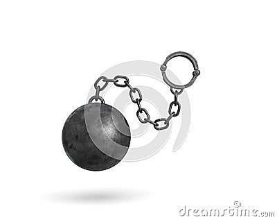 3d rendering of a black iron ball and chain with a cuff hanging on white background. Stock Photo