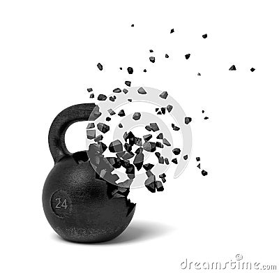 3d rendering of black kettlebell starting to disslove into pieces on white background. Editorial Stock Photo