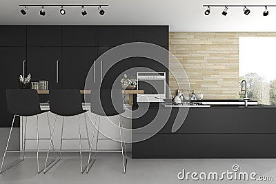 3d rendering black kitchen and minimal decoration Stock Photo