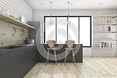 3d rendering black kitchen with shelf and decor Stock Photo