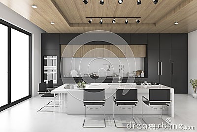 3d rendering black kitchen with wood ceiling Stock Photo