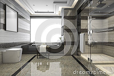 3d rendering black modern loft bathroom with luxury tile decor Stock Photo