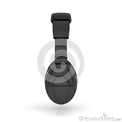 3d rendering of black padded headphones with a headband hanging on white background. Stock Photo