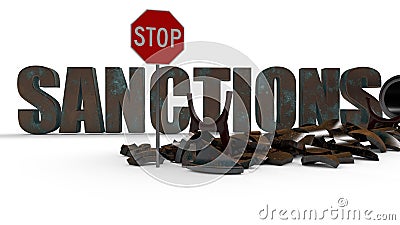 3D rendering of black pipeline fragments, stop sign and metallic sanction text. The idea of economic and political confrontation, Stock Photo