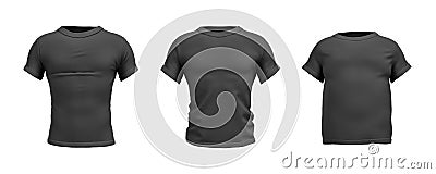 3d rendering of a black T-shirt in realistic slim, muscular and fat shape in front view on white background. Stock Photo