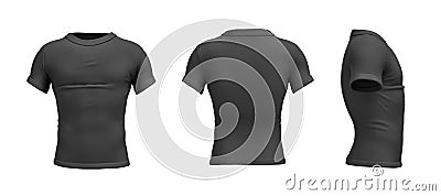 3d rendering of a black T-shirt in realistic slim shape in side, front and back view on white background. Stock Photo