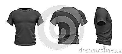 3d rendering of a black T-shirt shaped as a realistic male torso in front, side and back view. Stock Photo