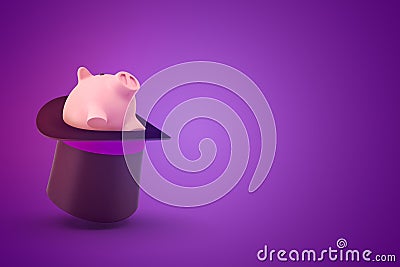 3d rendering of a black tophat upside down with a cute piggy bank sitting inside on a purple background with lots of Stock Photo