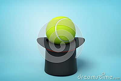 3d rendering of black tophat upside down with tennis ball inside on light-blue background. Stock Photo