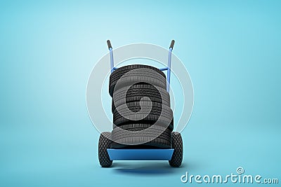 3d rendering of black vehicle tires on a hand truck on blue background Stock Photo