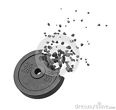 3d rendering of black weight plate starting to dissolve into pieces isolated on white background. Stock Photo