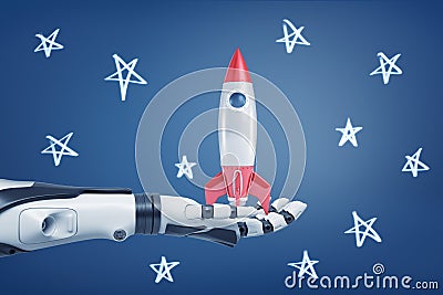 3d rendering of black and white robotic arm holds a small retro rocket on its palm on a background with chalk stars. Stock Photo