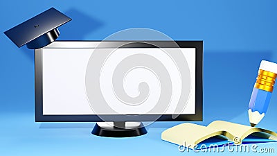 3D Rendering of blank white computer monitor Graduation cap open book and pencil isolated on blue background and have space for Stock Photo