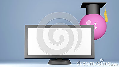 3D Rendering of blank white computer monitor and Graduation cap on pastel light blue background. Education concept Stock Photo