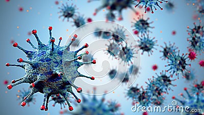 3D rendering, blue coronavirus cells covid-19 influenza flowing with particles on blue gradient background as dangerous flu strain Stock Photo