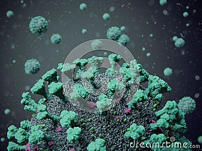 Rise of COVID-19 - Contagious Corona Influenza Virus Molecules Floating in Blue Particles - nCOV Coronavirus Pandemic Outbreak Cartoon Illustration