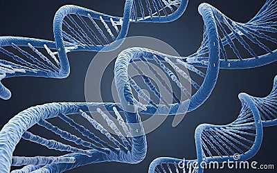 A 3D rendering of a blue DNA double helix, showing the complex structure of this molecule essential to life. The helix twists and Stock Photo