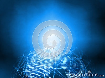 3D Rendering blue dotted world and abstract wired global network background. For telecom, communication Stock Photo