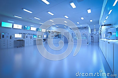 Blue futuristic laboratory interior in semiconductor manufacturing factory Stock Photo