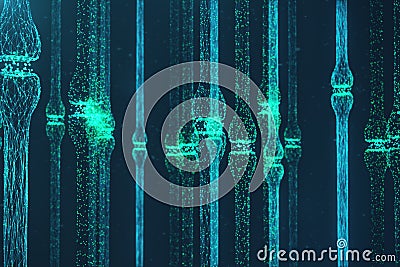 3D rendering blue glowing synapse. Artificial neuron in concept of artificial intelligence. Synaptic transmission lines Stock Photo