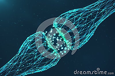 3D rendering blue glowing synapse. Artificial neuron in concept of artificial intelligence. Synaptic transmission lines Stock Photo