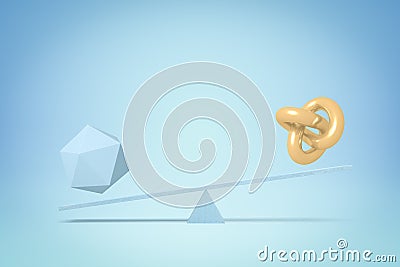 3d rendering of blue icosahedron and golden trefoil knot placed on blue seesaw on light blue background with copy space. Stock Photo