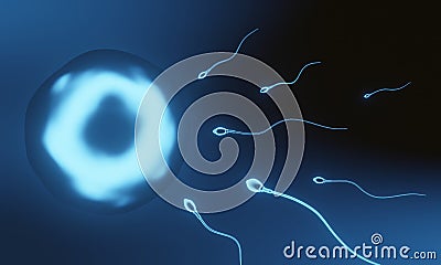 3D Blue microscopic sperm and egg cell Stock Photo