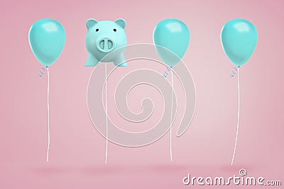 3d rendering of blue piggy bank hanging on a string like balloon between real festival balloons on pink background. Stock Photo