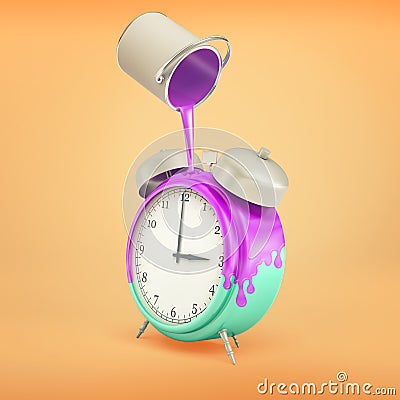 3d rendering of blue retro alarm block stands on a bright orange background with purple paint pouring on it from a can. Stock Photo