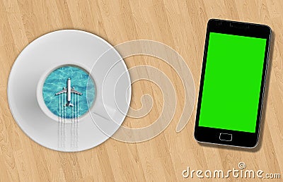 3D rendering, blue sea ocean on sunny day into coffee cup and tourism airplane fly on it on wood table near smartphone with chroma Stock Photo