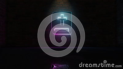3D rendering of blue violet neon symbol of bible icon on brick wall Stock Photo