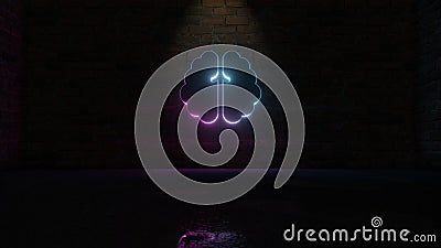 3D rendering of blue violet neon symbol of brain icon on brick wall Stock Photo