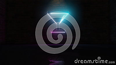 3D rendering of blue violet neon symbol of cocktail glass icon on brick wall Stock Photo