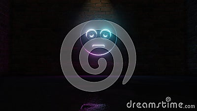 3D rendering of blue violet neon symbol of flushed icon on brick wall Stock Photo