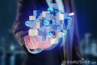 3d rendering blue and white cube on a futuristic interface Stock Photo