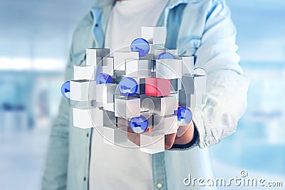 3d rendering blue and white cube on a futuristic interface Stock Photo