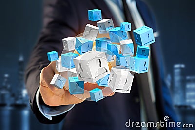 3d rendering blue and white cube on a futuristic interface Stock Photo