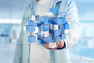 3d rendering blue and white cube on a futuristic interface Stock Photo