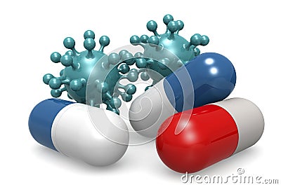 3d rendering of blue, white, and red capsules and virus cells Stock Photo