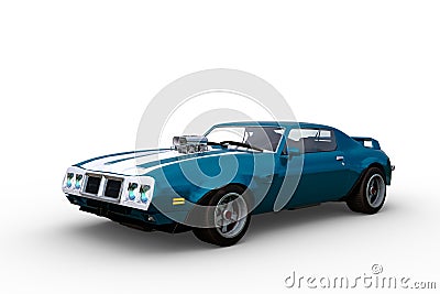 3D rendering of a blue and white 1970s vintage American muscle car isolated on a white background Cartoon Illustration