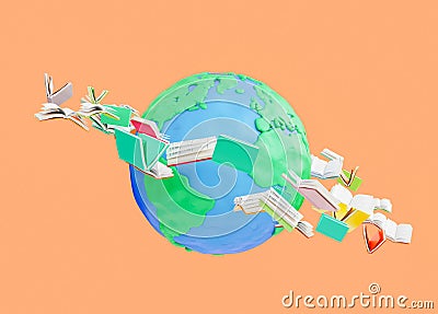 3D rendering of books floating around globe Stock Photo