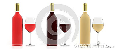 3d rendering bottles and glasses of wine on white background Stock Photo