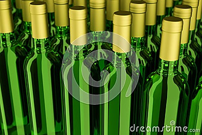 Bottles of white wine in rows Stock Photo