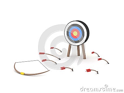 3D Rendering of bow and many arrow which have missed their target Stock Photo